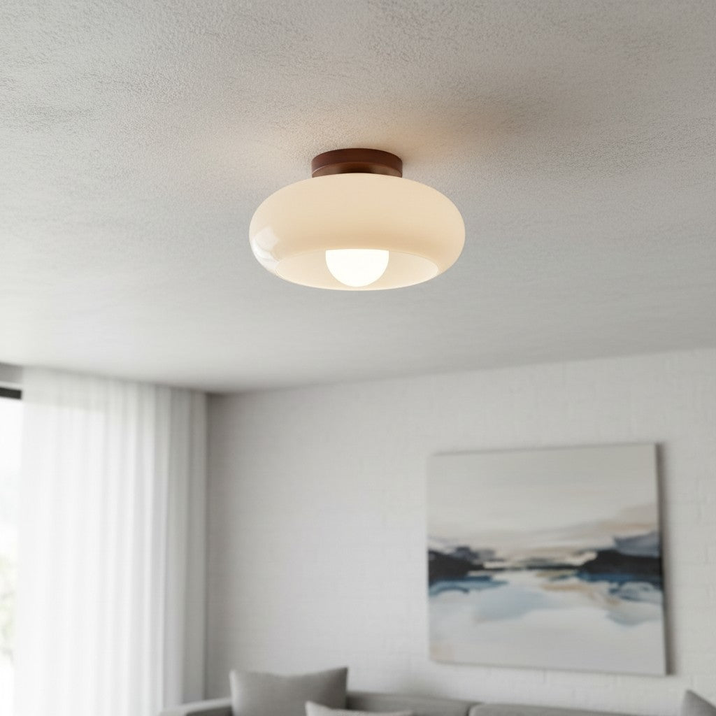 Violetta French Bauhaus Glasdeckenlampe | Walnussholz Mid-Century Leuchte