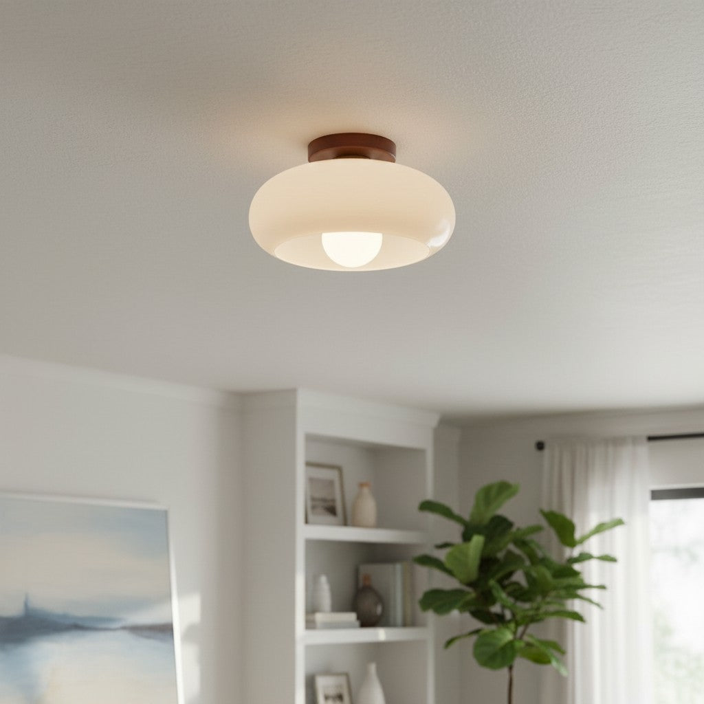 Violetta French Bauhaus Glasdeckenlampe | Walnussholz Mid-Century Leuchte