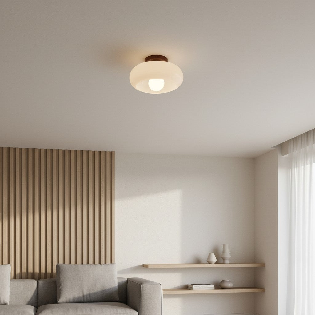 Violetta French Bauhaus Glasdeckenlampe | Walnussholz Mid-Century Leuchte