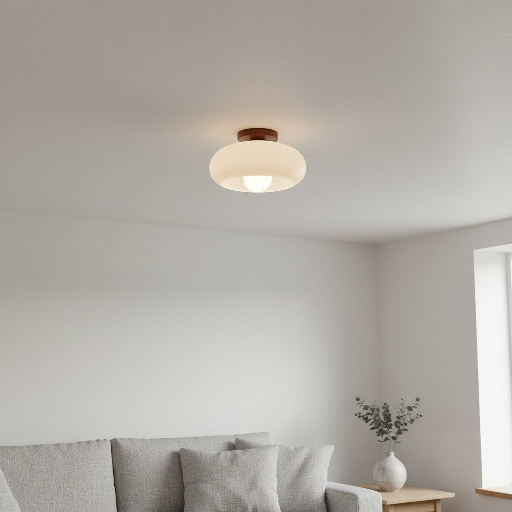 Violetta French Bauhaus Glasdeckenlampe | Walnussholz Mid-Century Leuchte