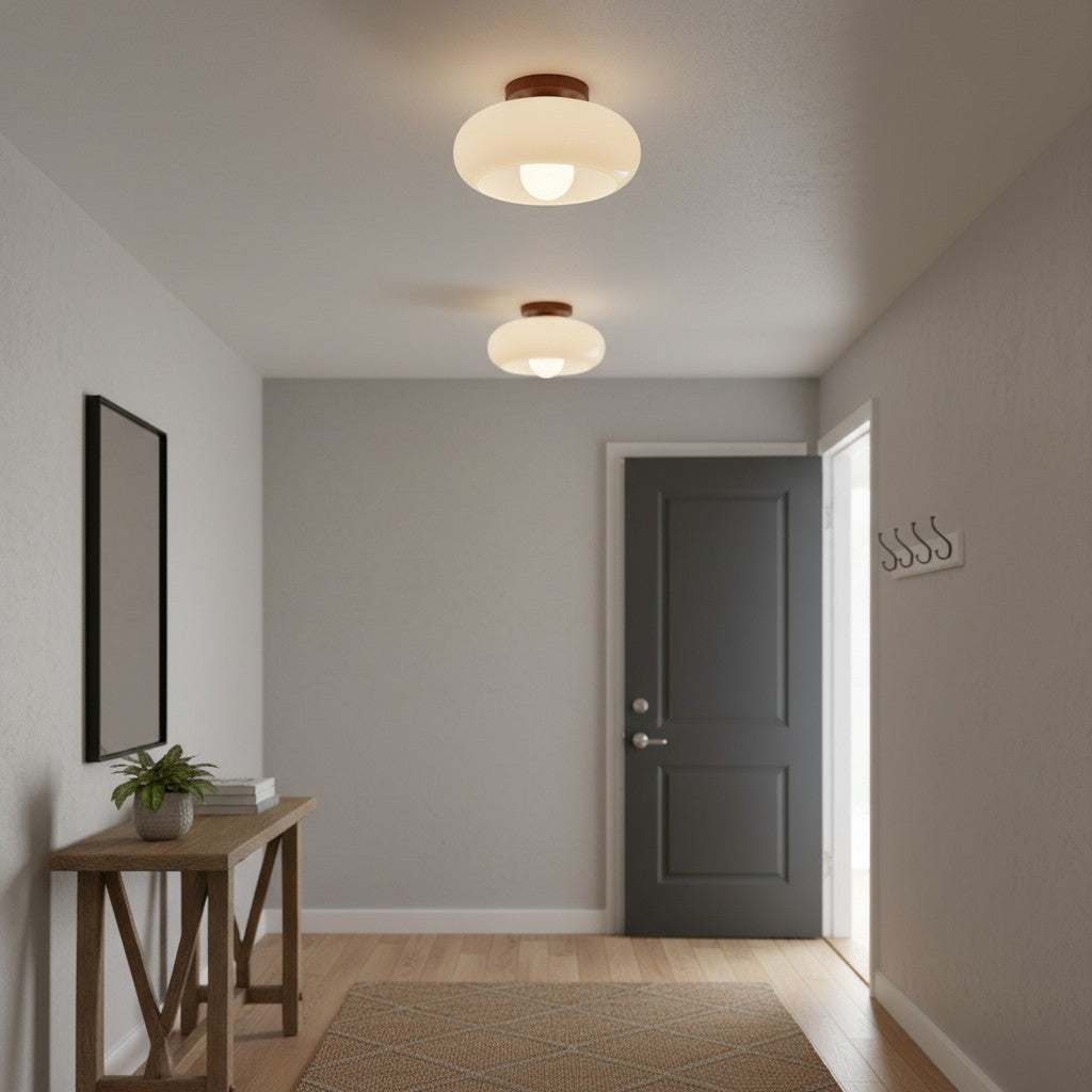 Violetta French Bauhaus Glasdeckenlampe | Walnussholz Mid-Century Leuchte