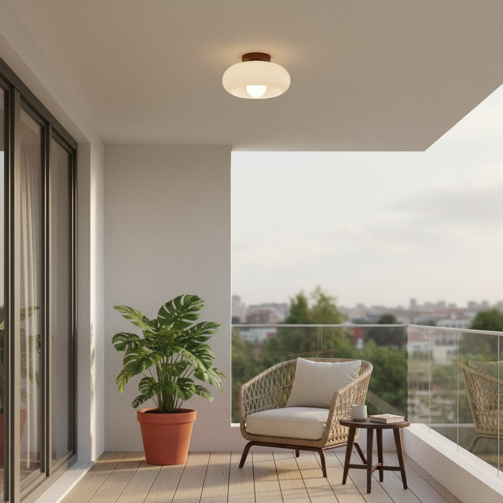 Violetta French Bauhaus Glasdeckenlampe | Walnussholz Mid-Century Leuchte