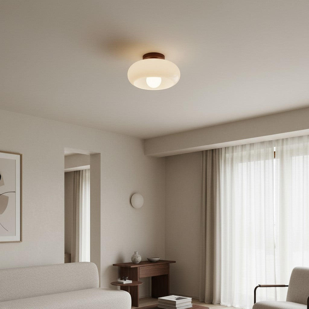 Violetta French Bauhaus Glasdeckenlampe | Walnussholz Mid-Century Leuchte