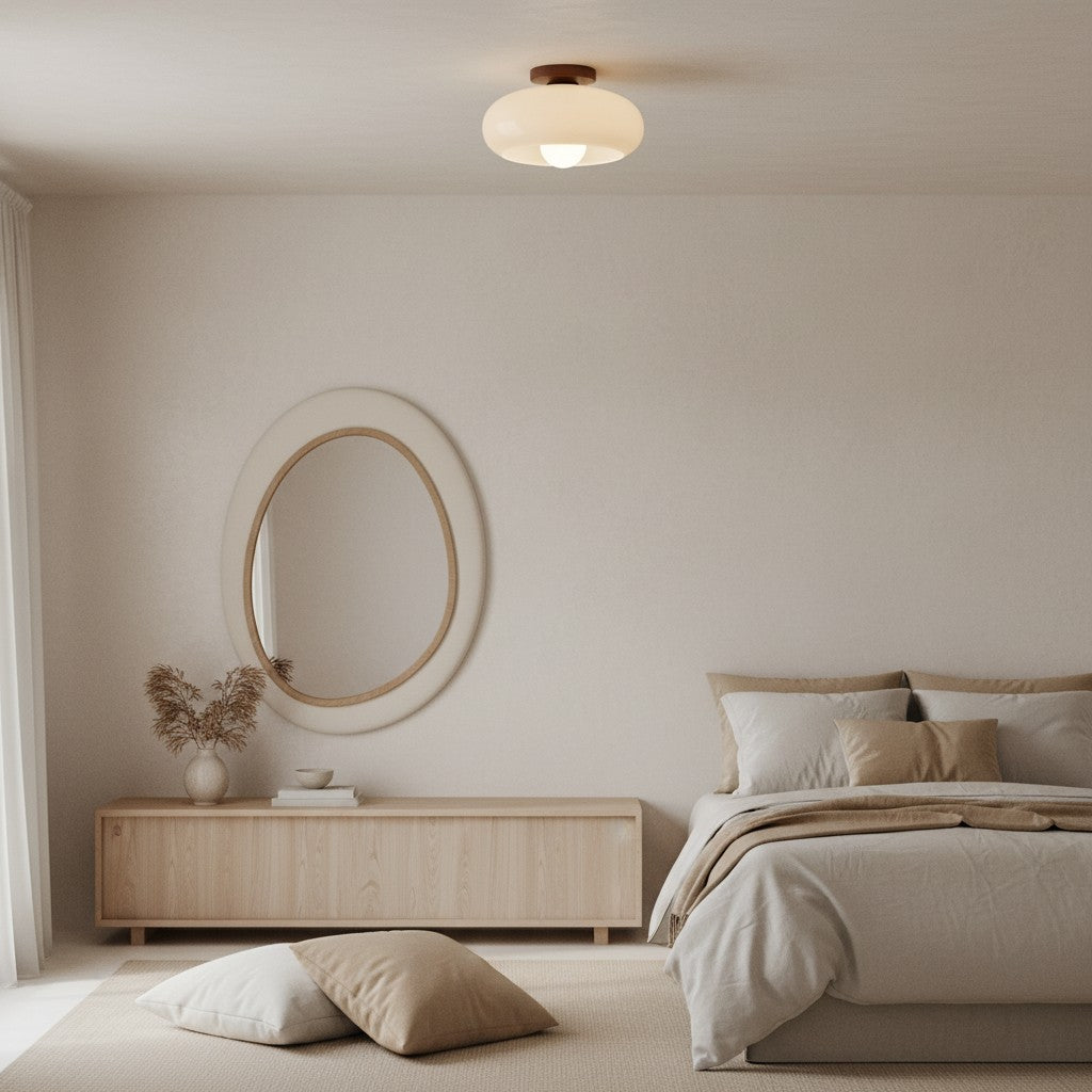 Violetta French Bauhaus Glasdeckenlampe | Walnussholz Mid-Century Leuchte