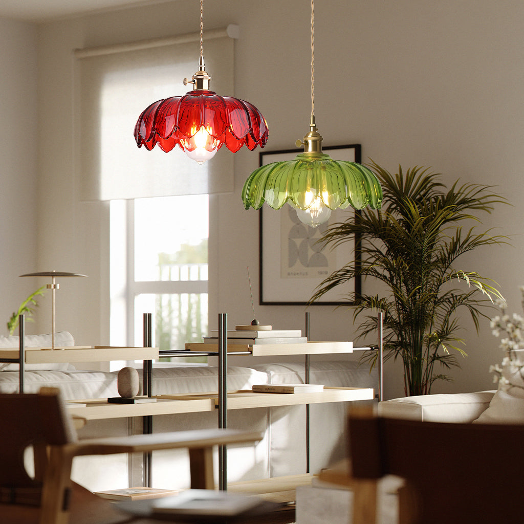 Fay Rustic Tulip Glass Pendant Light | Vintage Ribbed Glass Hanging Lamp