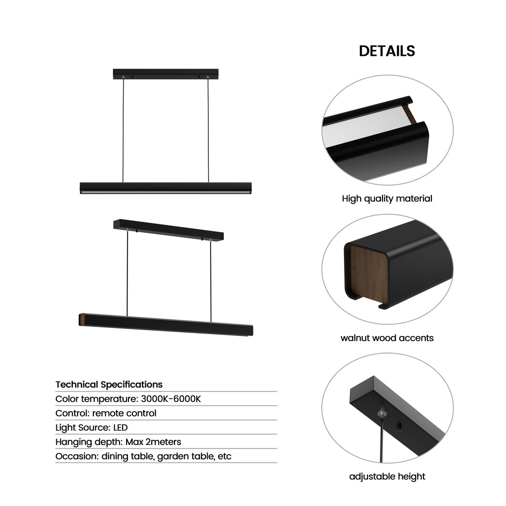 Caputo Linear LED Pendant Light - Minimalist Walnut Wood Dining Lamp
