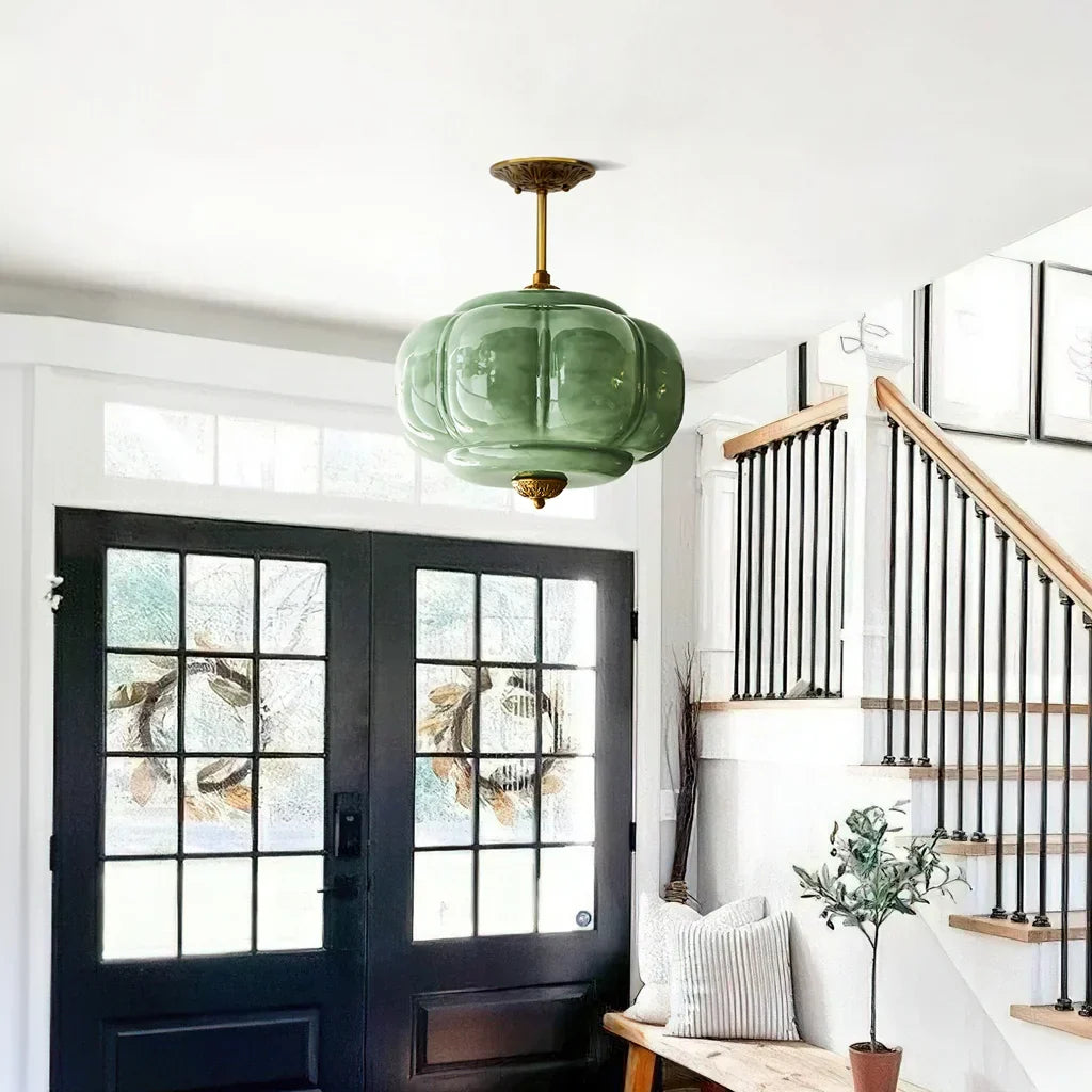 Liora Vintage Pumpkin Glass Pendant Light - Retro Brass Ceiling Fixture