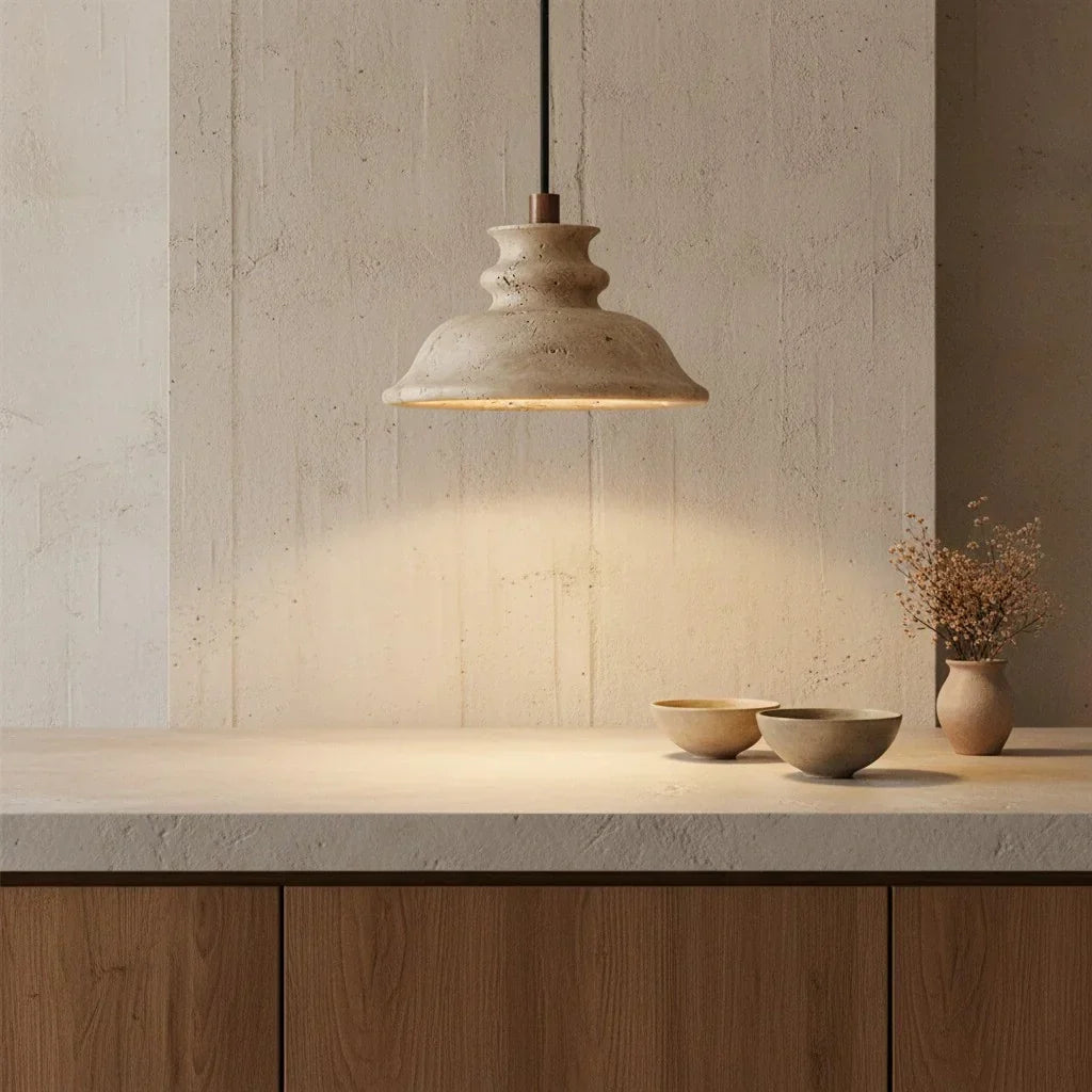 Maja Wabi-Sabi Travertin Glocken-Pendelleuchte | Hängelampe aus Naturstein