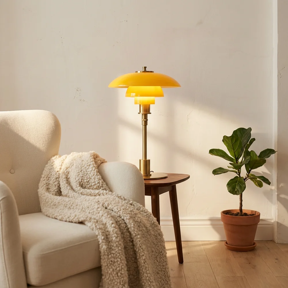 Lampe de Table Champignon en Verre Étagée Mid-Century Moderne | Lumière Ambre et Laiton pour Chevet et Bureau