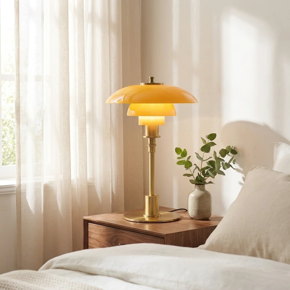 Lampe de Table Champignon en Verre Étagée Mid-Century Moderne | Lumière Ambre et Laiton pour Chevet et Bureau
