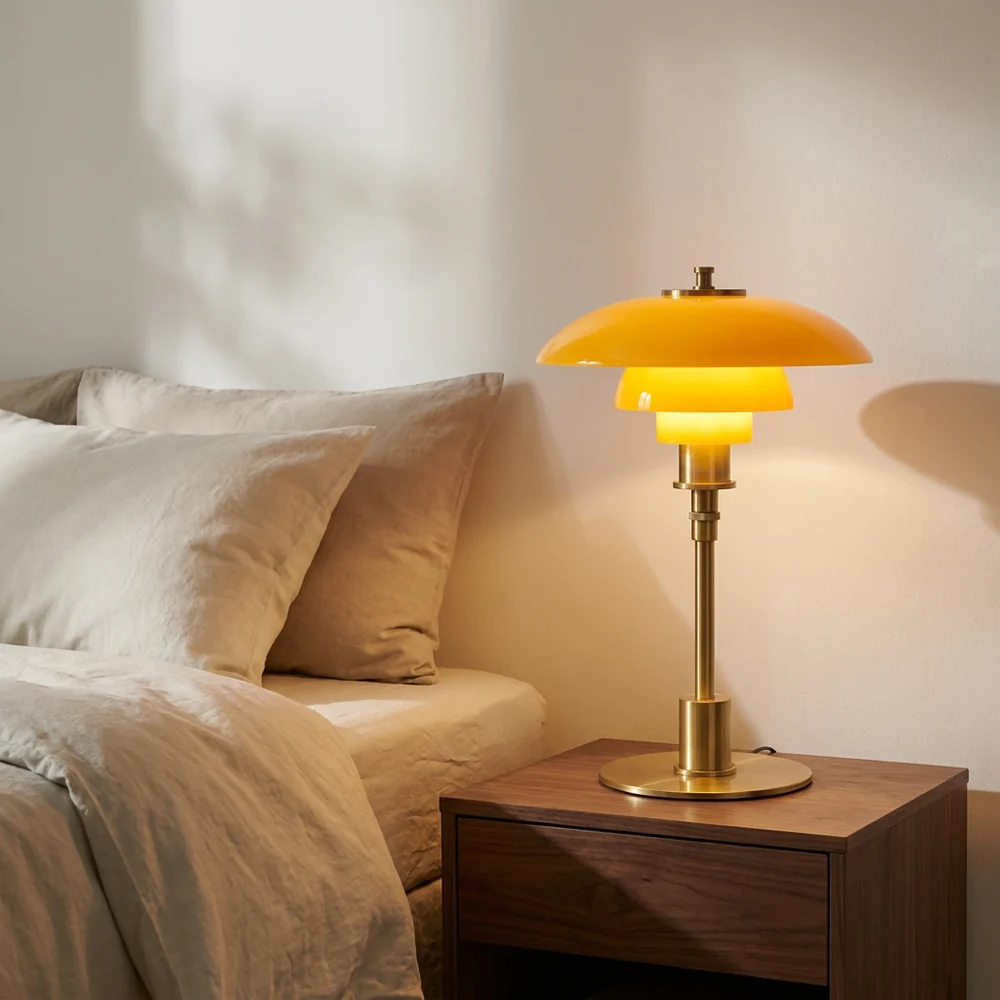 Lampe de Table Champignon en Verre Étagée Mid-Century Moderne | Lumière Ambre et Laiton pour Chevet et Bureau
