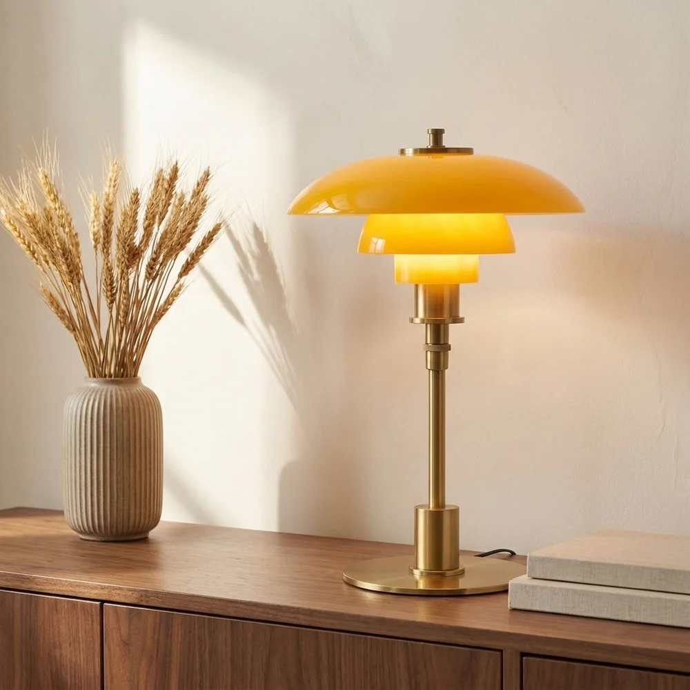 Lampe de Table Champignon en Verre Étagée Mid-Century Moderne | Lumière Ambre et Laiton pour Chevet et Bureau