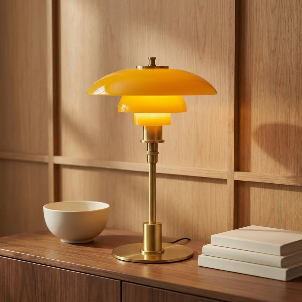 Lampe de Table Champignon en Verre Étagée Mid-Century Moderne | Lumière Ambre et Laiton pour Chevet et Bureau