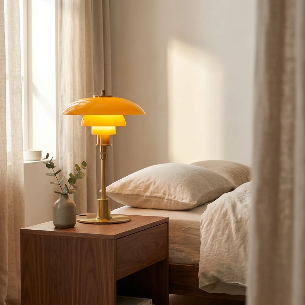 Lampe de Table Champignon en Verre Étagée Mid-Century Moderne | Lumière Ambre et Laiton pour Chevet et Bureau