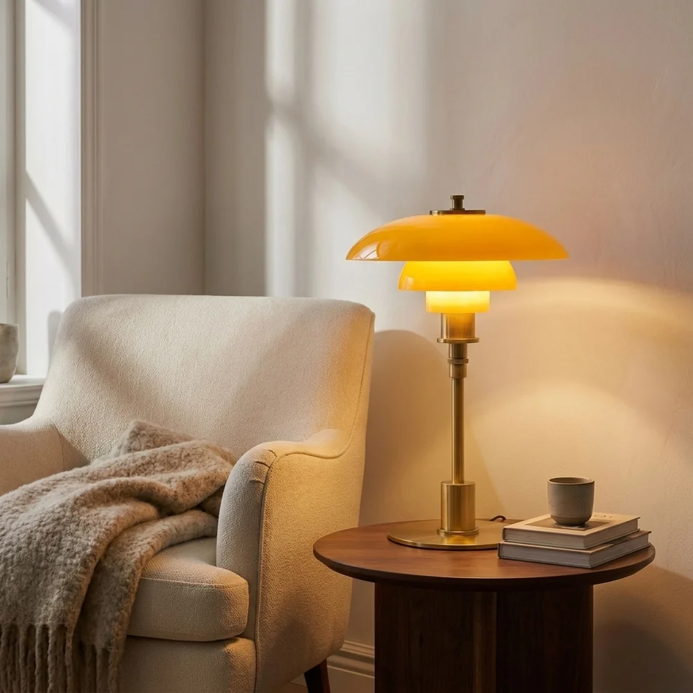 Lampe de Table Champignon en Verre Étagée Mid-Century Moderne | Lumière Ambre et Laiton pour Chevet et Bureau