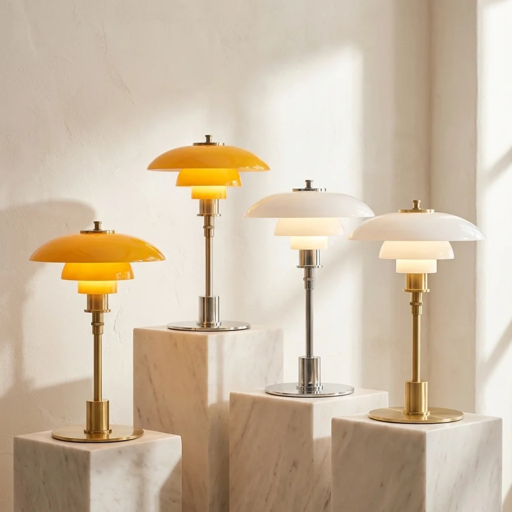 Lampe de Table Champignon en Verre Étagée Mid-Century Moderne | Lumière Ambre et Laiton pour Chevet et Bureau
