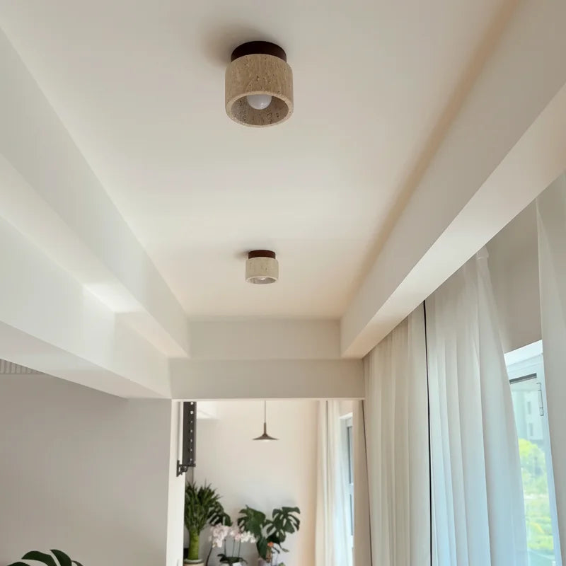 Plafonnier Wabi-Sabi en Travertin et Bois Yetvee | Éclairage Minimaliste