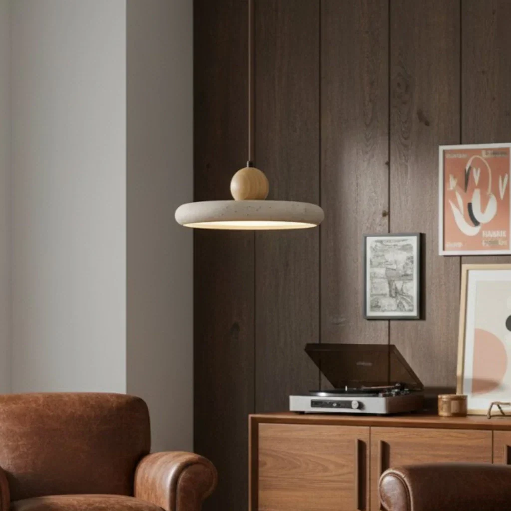 Suspension Katriina vintage en travertin et bois – Décor minimaliste