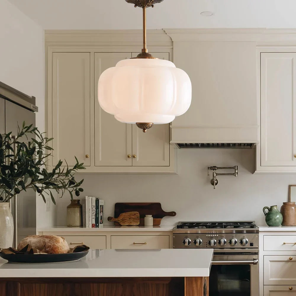 Liora Vintage Pumpkin Glass Pendant Light - Retro Brass Ceiling Fixture