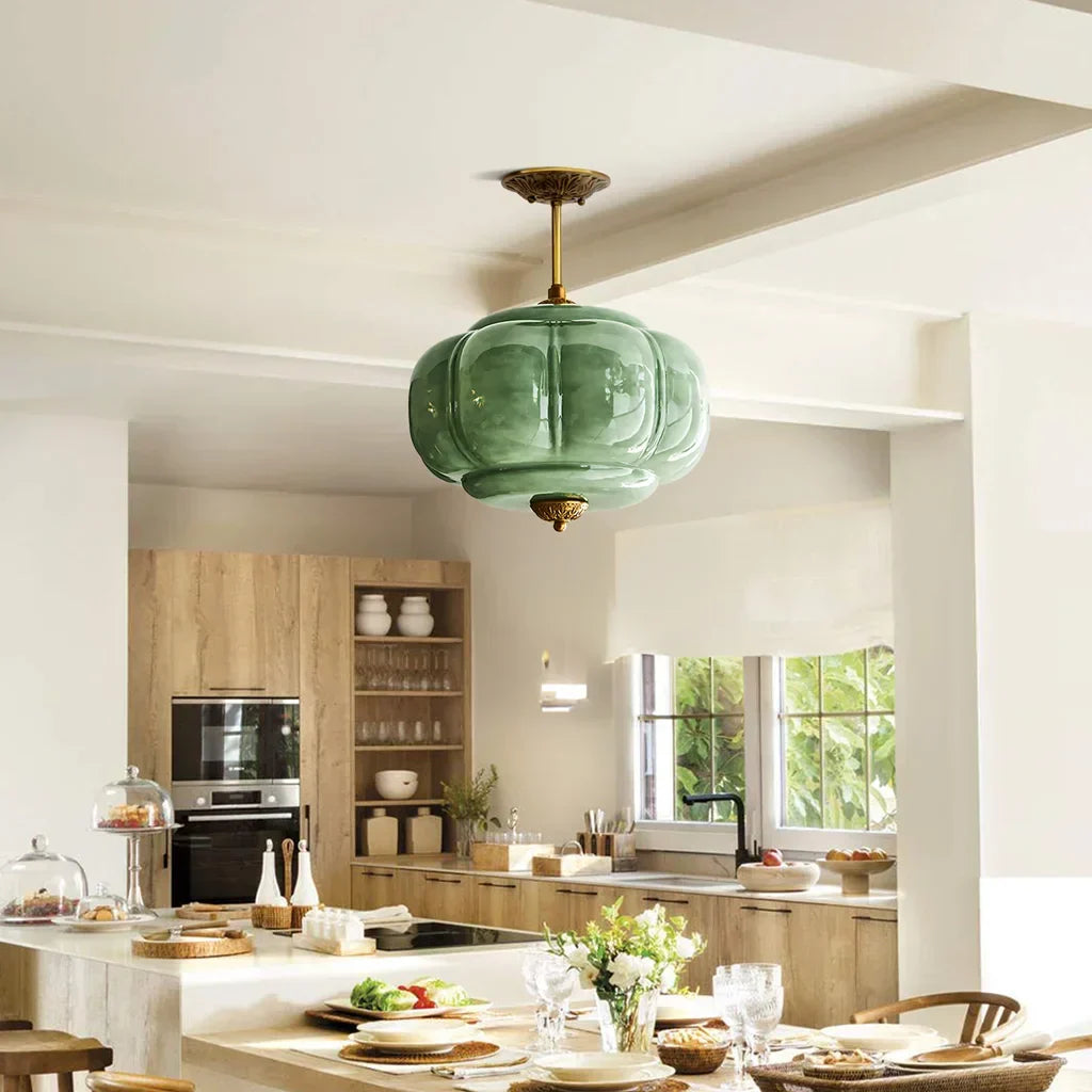 Liora Vintage Pumpkin Glass Pendant Light - Retro Brass Ceiling Fixture