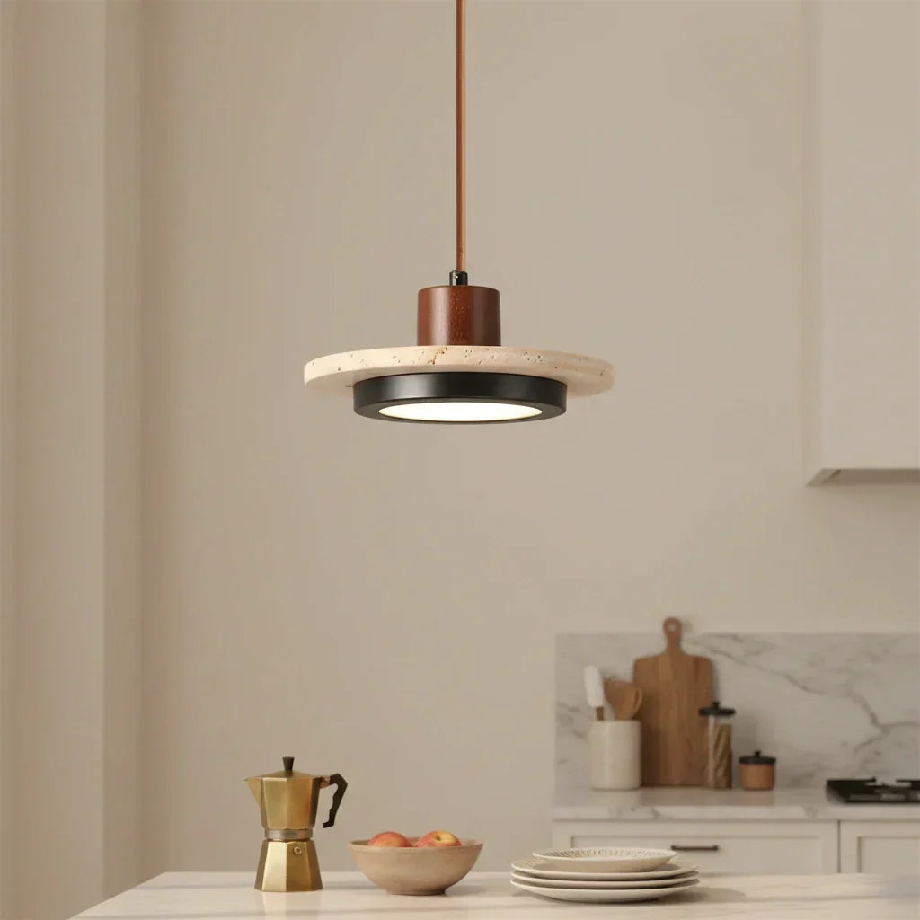 Plafonnier LED rétro wabi-sabi Zola en travertin naturel - Suspension