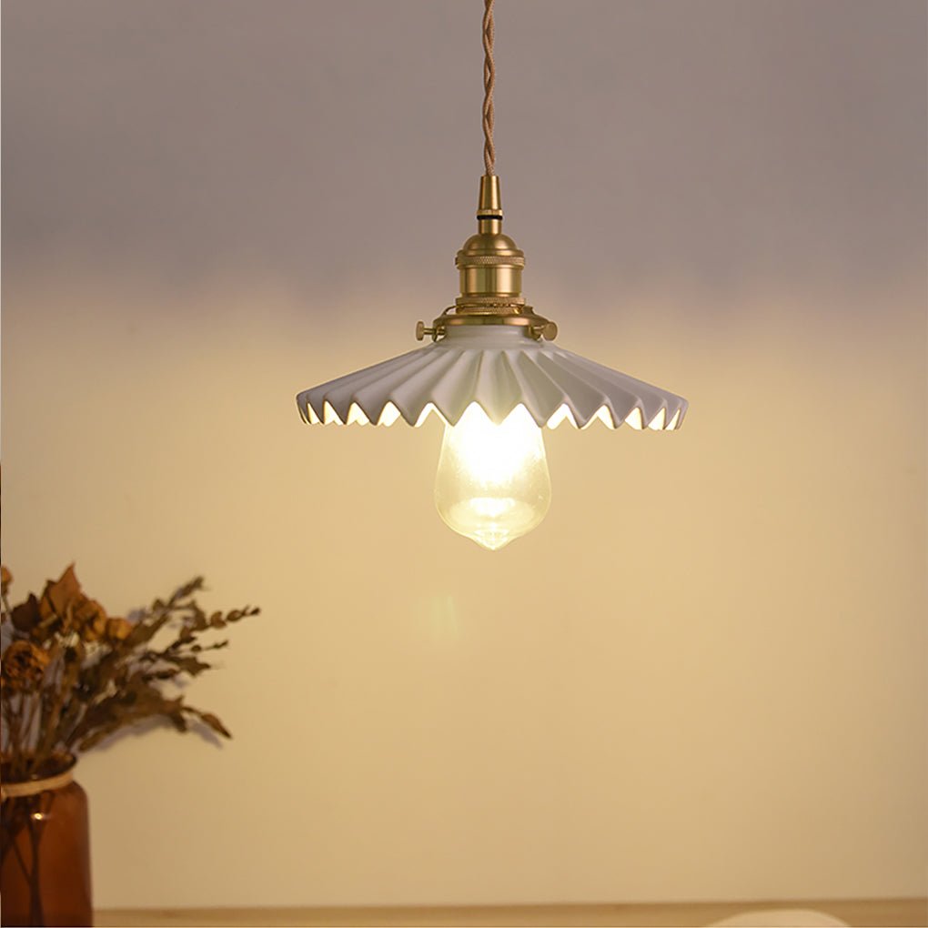 Nordic Vintage Ceramic Pleated Design Brass Led Pendent Lighting For Bedside Dining Table